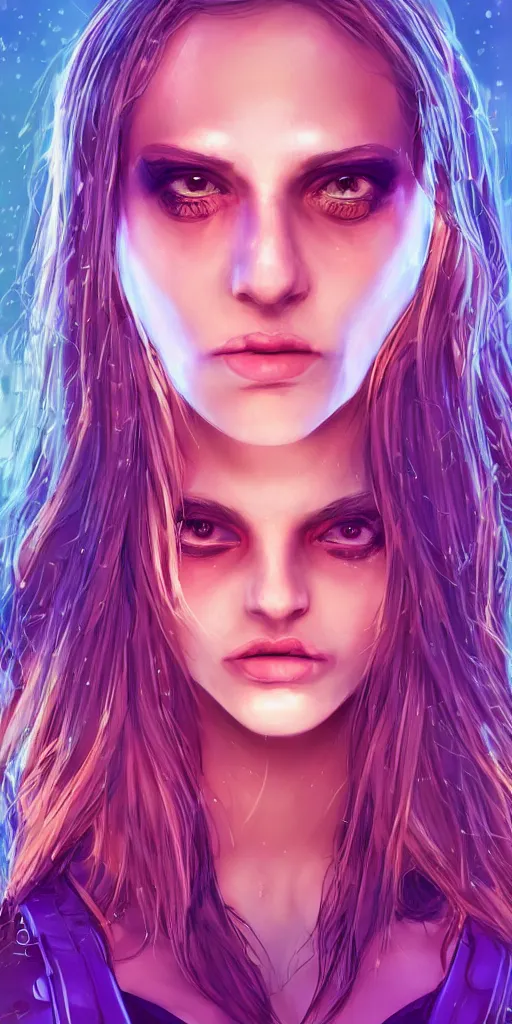 Image similar to A beautiful and detailed portrait of a middle-aged beautiful girl that has bright implants on her face and an angry-desperate look on her eyes. Red eyes trail, bokeh cyberpunk city background, artstation, violet-blue palette, vignette, by artgerm,