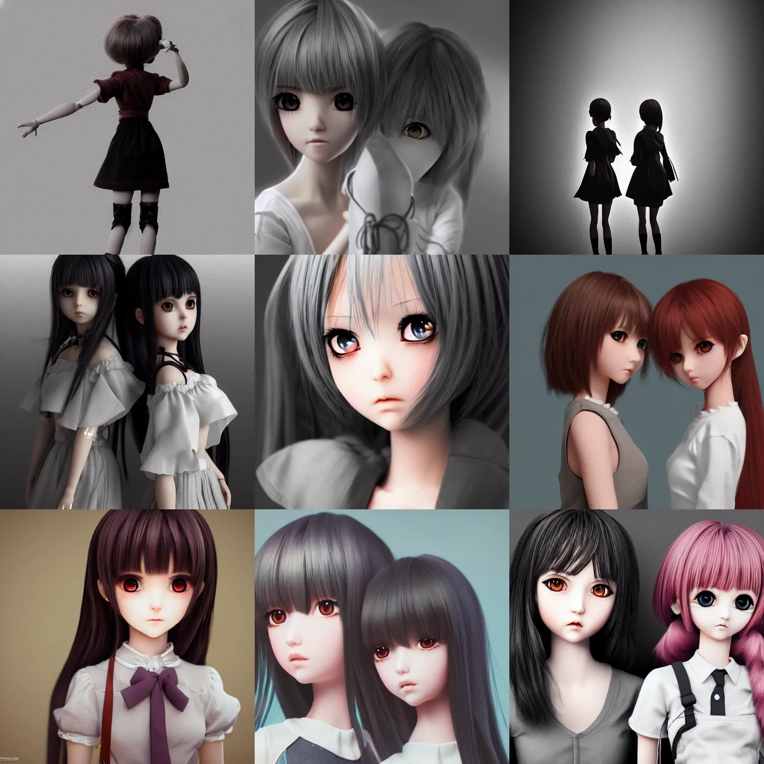 Prompt: A photorealistic manga key visual of a doll-like girl and a girl that looks like her shadow, sharp, wallpaper 4K, UHD, detailed, trending on artstation and behance