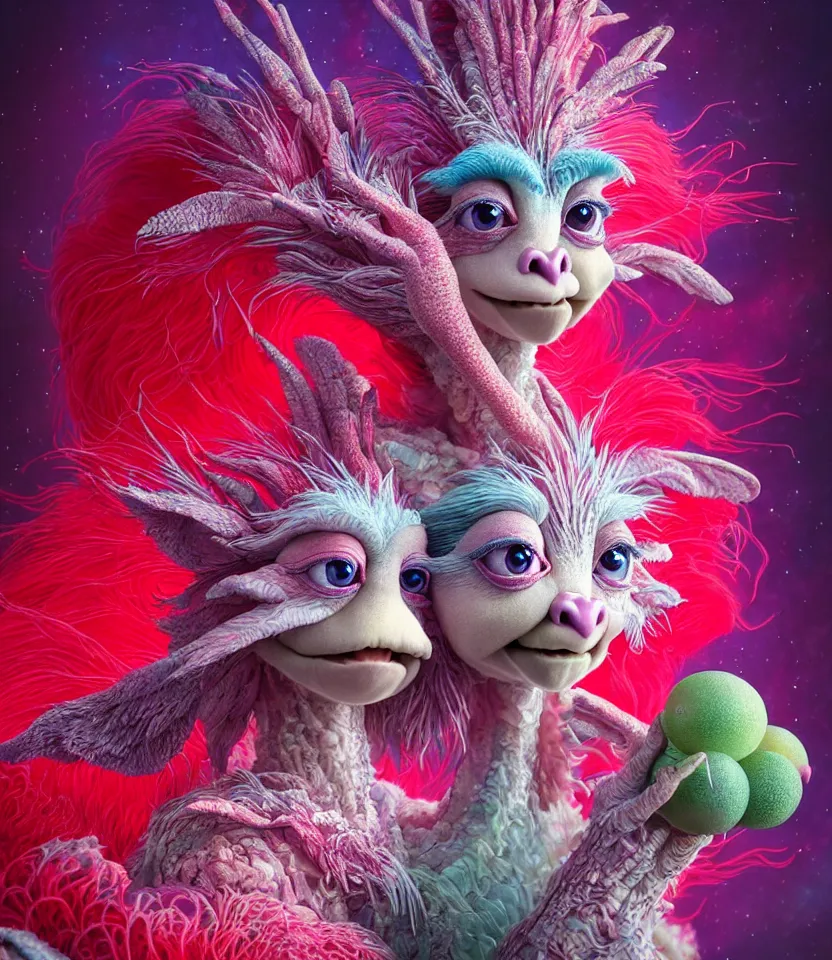 Image similar to hyper detailed 3d render like a Oil painting - kawaii portrait of two Aurora (a beautiful girl skeksis muppet fae princess protective playful expressive acrobatic from dark crystal that looks like Anya Taylor-Joy) seen red carpet photoshoot in UVIVF posing in scaly dress to Eat of the Strangling network of yellowcake aerochrome and milky Fruit and His delicate Hands hold of gossamer polyp blossoms bring iridescent fungal flowers whose spores black the foolish stars by Jacek Yerka, Ilya Kuvshinov, Mariusz Lewandowski, Houdini algorithmic generative render, golen ratio, Abstract brush strokes, Masterpiece, Edward Hopper and James Gilleard, Zdzislaw Beksinski, Mark Ryden, Wolfgang Lettl, hints of Yayoi Kasuma and Dr. Seuss, octane render, 8k