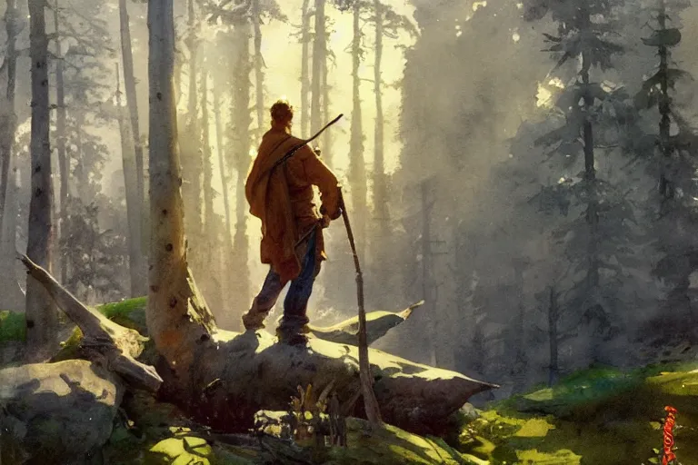 Prompt: watercolor painting of scandinavian mythology, pines, ambient lighting, art by hans gude, art by hans dahl, by jesper ejsing, art by anders zorn, wonderful masterpiece by greg rutkowski, cinematic light, american romanticism by greg manchess, creation by tyler edlin