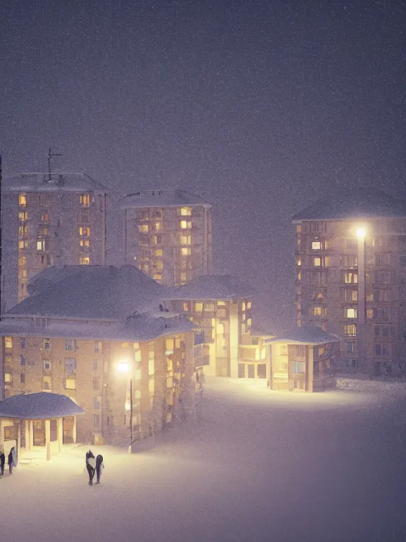 Image similar to film still of tiny soviet residential building, residential suburb area, lights are on in the windows, deep dark night, cozy atmosphere, cold winter, snowing, streetlamps with orange light, volumetric light, several birches nearby, elderly people stand at the entrance to the building, mega detailed, unreal render