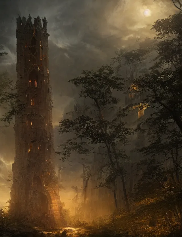 Prompt: A hyper realistic matte painting of a massive epic medieval tower with glowing engraved runes and dark windows an ominous sky an eerie jungle at twilight by keith parkinson, Christophe Vacher and Gregory Crewdson. Subject in view, golden ratio composition, moody volumetric lighting, very wide shot, f11:10, trending on artstation and cgsociety