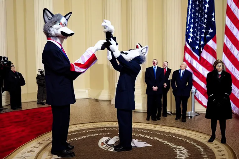 Image similar to photo of the usa presidential inauguration, a wolf fursuiter being inaugurated as president