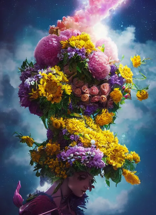 Image similar to An epic fantastic realism comic book style painting of the most beautiful flowers launched into space, by Rachel Ruysch, bouquets, fisheye lens, unreal 5, DAZ, hyperrealistic, octane render, cosplay, RPG portrait, dynamic lighting