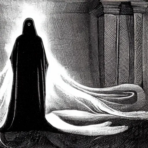 Prompt: a dark figure in a flowing robe haunts the end of time