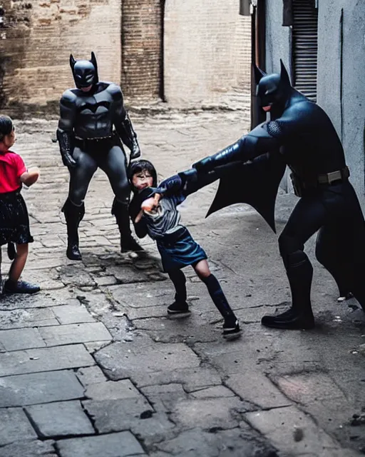 Image similar to batman beating up crying children in an alleyway, everyone having fun, toy product advertisement, photography, canon