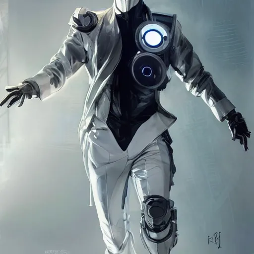 Prompt: full body portrait of a male character in sleek clothes, in a futuristic flowing white tailcoat, wearing a white full-face helmet with five round lenses for eyes, many eyes, dramatic lighting, illustration by Greg rutkowski, yoji shinkawa, 4k, digital art, concept art, trending on artstation