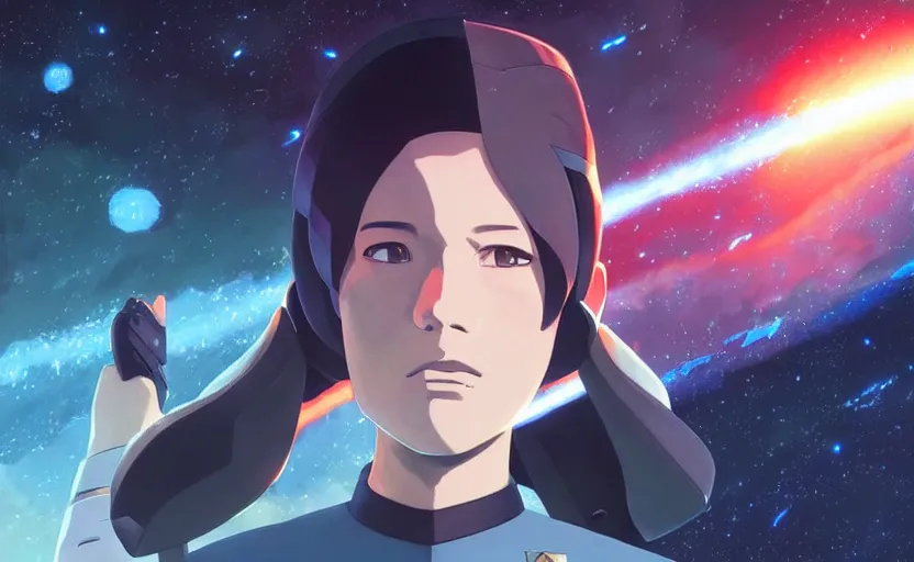 Prompt: portrait of star trek commander giving out orders, black space background, stellar battlefield landscape, illustration concept art anime key visual trending pixiv fanbox by wlop and greg rutkowski and makoto shinkai and studio ghibli and kyoto animation, federation clothing, bridge instruments