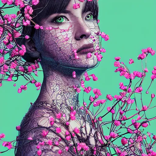 Image similar to the portrait of an incredibly beautiful woman partially made of onions and cherry blossoms, an ultrafine detailed illustration by james jean, final fantasy, intricate linework, bright colors, behance contest winner, vanitas, angular, altermodern, unreal engine 5 highly rendered, global illumination, radiant light, detailed and intricate environment