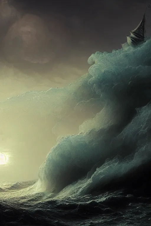 Image similar to A stunning detailed Shoggoth by Tomasz strzalkowski and Ivan Aivazovsky, stormy ocean, beautiful lighting, full moon, detailed swirling water tornado, artstation