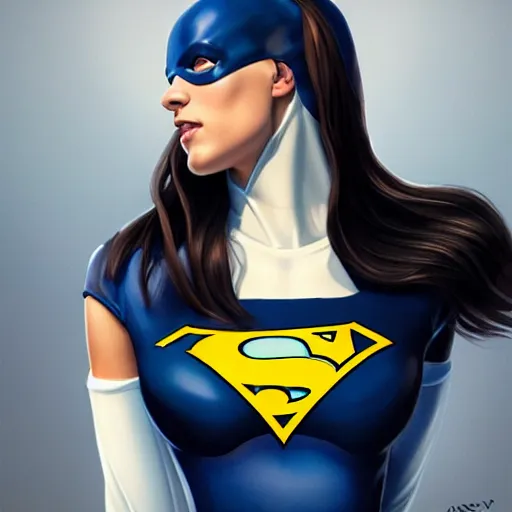 Prompt: a beautiful cartoon still portrait of a young woman superhero wearing a tight navy blue lycra suit with a white cape white cowl white shoulders, 4 k oil on linen by wlop, artgerm, andrei riabovitchev, nuri iyem, james gurney, james jean, greg rutkowski, highly detailed, soft lighting 8 k resolution