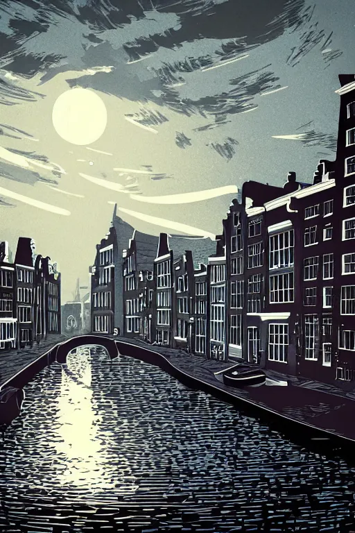 Prompt: a beautiful linocut print of amsterdam, 8 k, frostbite 3 engine, cryengine, dof, trending on artstation, digital art, crepuscular ray, by sergio sanchez santamaria