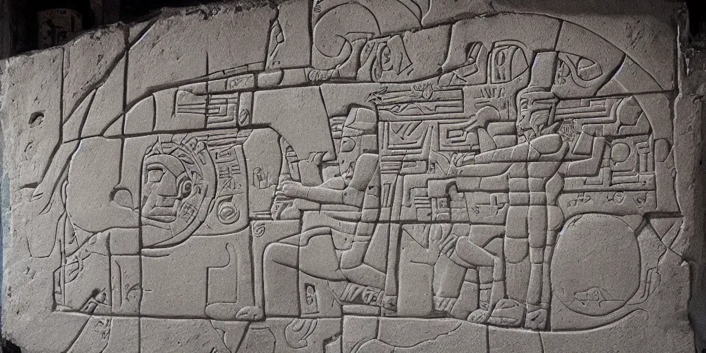 Image similar to pascal votan the space navigator as etched in stone, Mayan hieroglyph by Liam Wong and Boris Vallejo