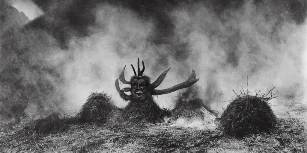 Image similar to 1 9 2 0 s photography of krampus hay monster burning, dolomites