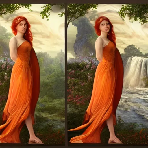 Image similar to a highly detailed byzantine painting of scarlett johansson and emma watson as red haired queens walking through a waterfall in a gossamer thin orange dress, epic fantasy, stormy night, viewed in profile from far away, ultrawide lens, art by artgerm and greg rutkowski and alphonse mucha, volumetric lighting, 4 k resolution, trending on artstation, masterpiece