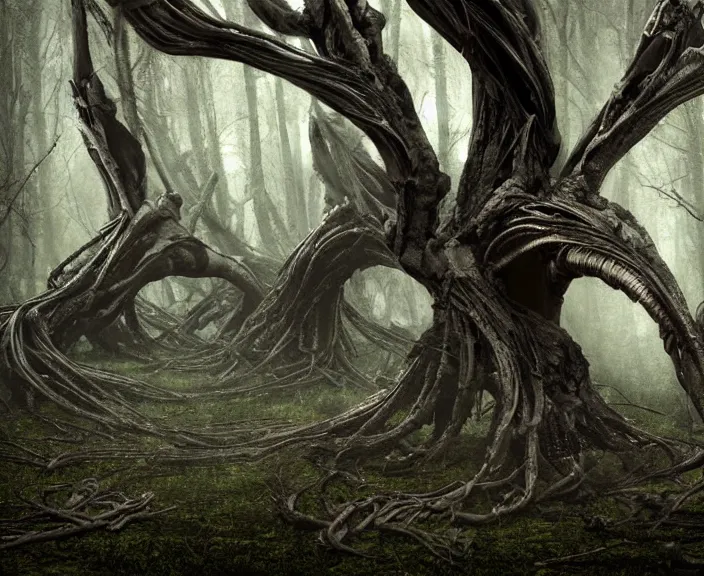 Prompt: xenomorph trees merging, crazy twisted forest wrapping branches, giger limbs merge into trees, dark mist colors, decaying bleeding soft colors, giger background liminal void, digital art, cinematic lighting, realistic, award winning photograph, various refining methods, micro macro autofocus