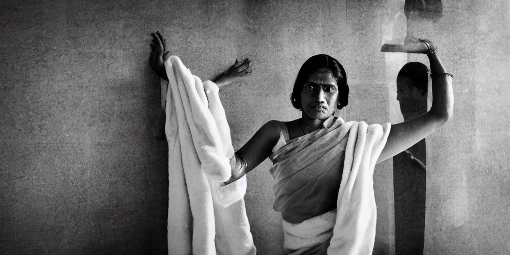 Image similar to sri lankan woman in the bathroom, wearing a towel, film still, thriller movie style