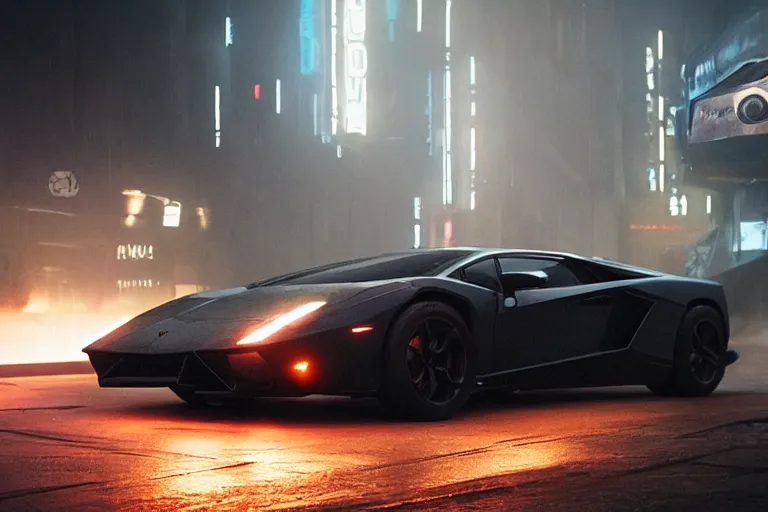 Image similar to A cinematic film still of a Lamborghini in the movie Blade Runner: 2049.