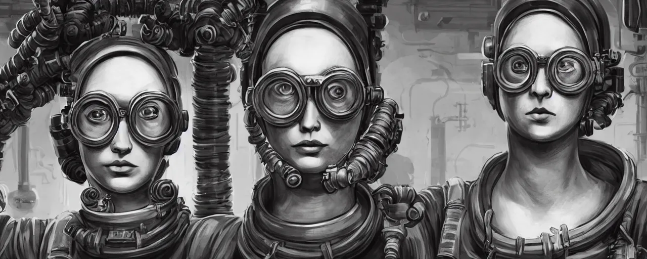 Image similar to detailed ink character concept art 3 / 4 portrait of tattooed stoic heroic emotionless butch blonde woman engineer with short slicked - back hair, wearing dark victorian goggles, wearing orange bandana around neck, working inside reactor room, awkward and uncomfortable and anxious, dirty. industrial space program, scifi, hyper detailed. octane render. trending on artstation