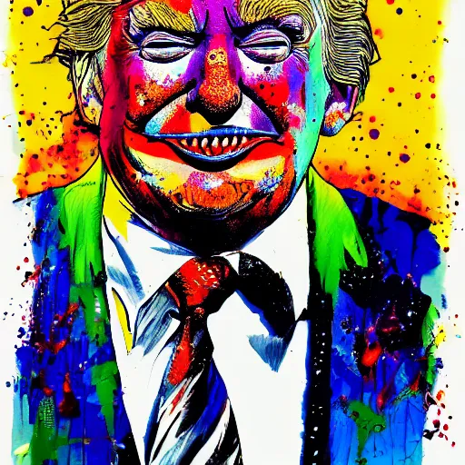 Image similar to Donald Trump clown, Ralph steadman, psychedelic, surreal, ink splatter, detailed, 4k