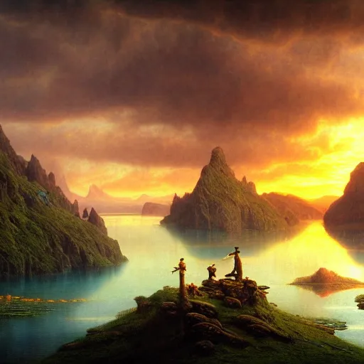 Prompt: a beautiful and highly detailed matte painting of the lost land by a beautiful lake, sunset, celtic, psychedelic, epic scale, insanely complex, hyperdetailed, sharp focus, hyperrealism, artstation, cgsociety, 8 k, bright colors, by caspar friedrich, albert bierstadt, james gurney, brian froud,