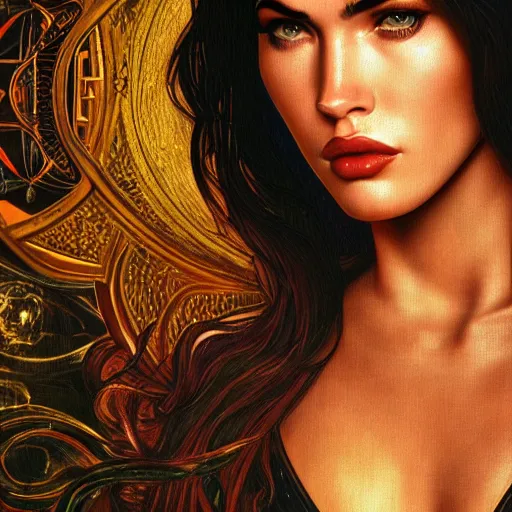 Prompt: portraite of megan fox dark atmosphere, cinematic shot, intricate, ornate, photorealistic, ultra detailed, realistic, 35mm, photography, neon, octane, high definition, depth of field, bokeh, 8k, artstation, ((alphonse mucha))