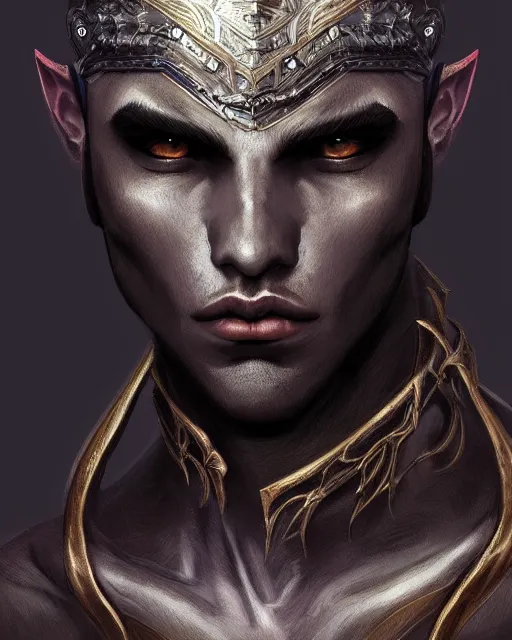 Image similar to portrait of a handsome male dark elf, obsidian skin, fantasy, intricate, elegant, highly detailed, digital painting, artstation, concept art, sharp focus, illustration