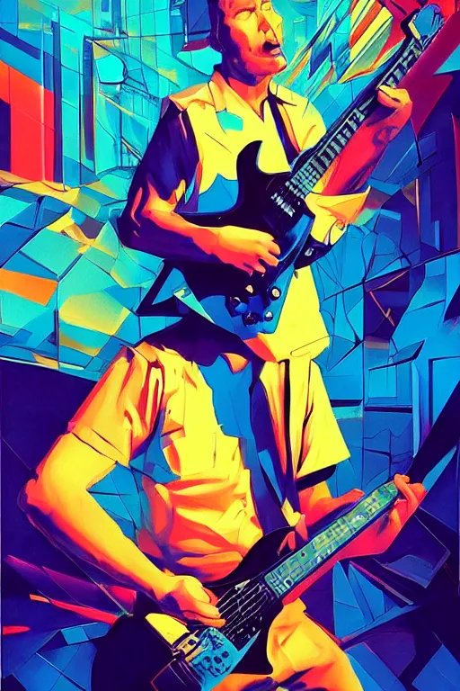 Prompt: wideangle action, portrait of a crazy guitarist, decoherence, synthwave, glitch!!, fracture, vortex, realistic, hyperdetailed, concept art, golden hour, art by syd mead, cubism