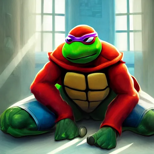 Image similar to a teenage mutant ninja turtle sitting in a chair in his living room with sunlight pouring in through a window, portrait, fantasy, beautiful face, vivid colors, elegant, concept art, sharp focus, digital art, hyper - realistic, 4 k, unreal engine, highly detailed, hd, dramatic lighting by brom, trending on artstation