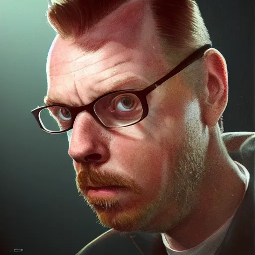 Image similar to simon pegg portrait, horror core, apocalyptic, pool cue, sharp focus, fiction, hyper detailed, digital art, trending in artstation, cinematic lighting, studio quality, smooth render, unreal engine 5 rendered, octane rendered, art style and nixeu and wlop and krenz cushart