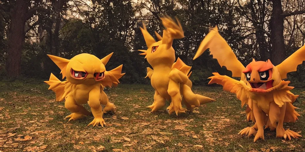 Image similar to photo of real life pokemons, creepy!!!, scaly!!!, gritty!!!, menacing!!!, evil, ultra realistic, gritty, golden hour, volumetric lighting, sharp focus