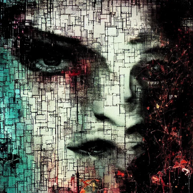 Prompt: portrait of a youthful beautiful woman, mysterious, glitch effects over the eyes, sorrow, by Guy Denning, by Johannes Itten, by Russ Mills, centered, glitch art, innocent, hacking effects, chromatic, cyberpunk, color blocking, digital art, concept art, abstract