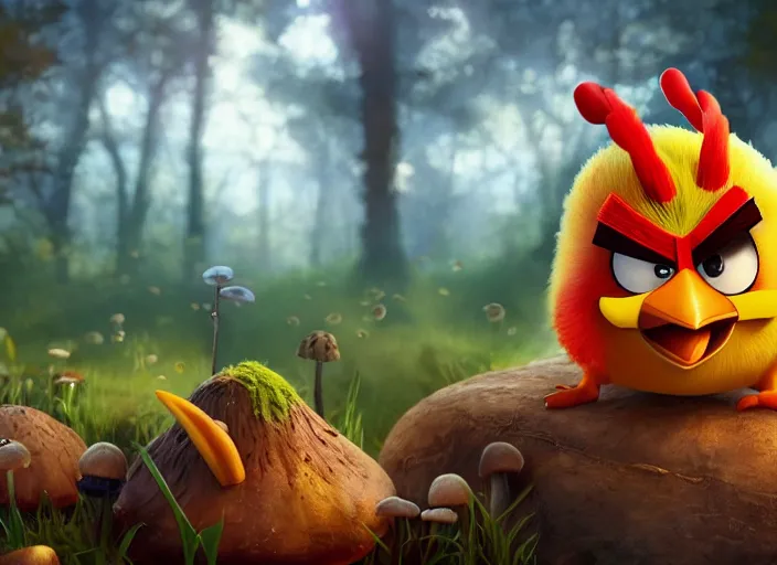 Image similar to angry bird sitting next to a mushroom, golden hour, fantasy, sharp focus, digital art, hyper realistic, 4 k, unreal engine, highly detailed, hd, dramatic lighting by brom, trending on artstation