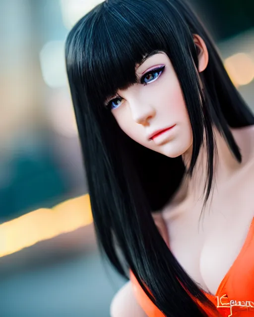 Prompt: A photo of a realistic-looking anime girl with black hair, highly detailed, bokeh, 90mm, f/1.4