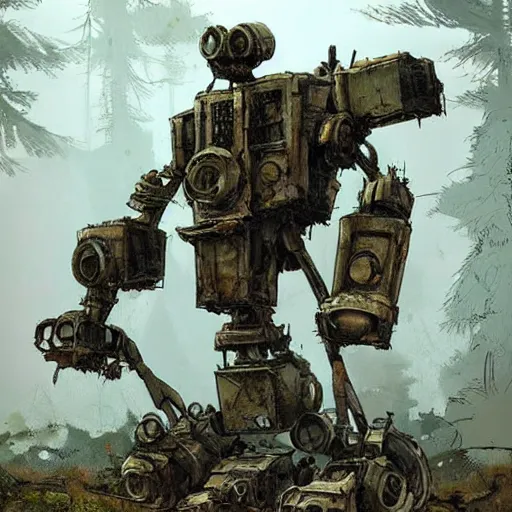 Prompt: destroyed world war mech in the forest, by Ian McQue, detailed art, rusted. grime, ruined, diesel