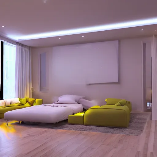 Image similar to govee led strip lighting in room, scene, colourful, 8 k, unreal engine, realistic, house and home,