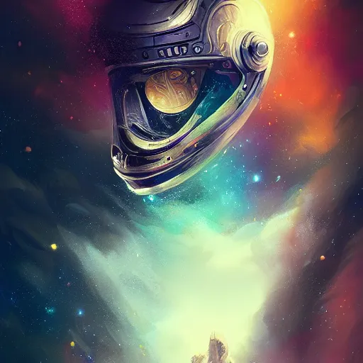 Image similar to portrait of a young rugged astronaut, galaxy spiral background. exploded helmet, D&D, fantasy, intricate, elegant, highly detailed, digital painting, artstation, concept art, matte, sharp focus, illustration, art by Anna dittmann