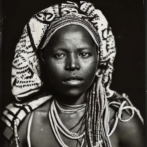 Image similar to vintage photo of a west African manding queen by edward s curtis, photo journalism, photography, cinematic, national geographic photoshoot