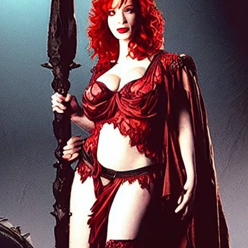 Prompt: photo of christina hendricks as a vampire warrior with daggers