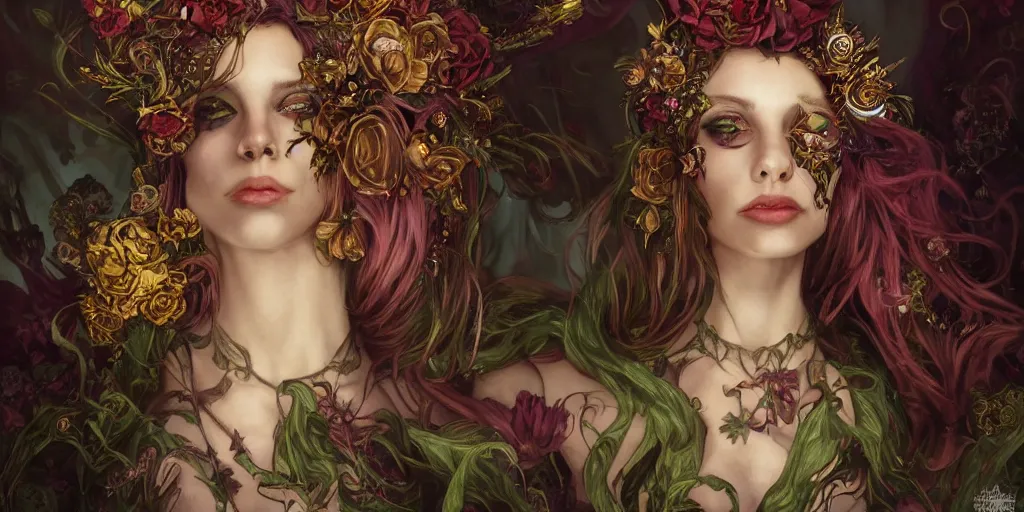 Prompt: flowerpunk necromancer lord with a mischievous smile, unreal, fantasy, intricate, elegant, dramatic, highly detailed, photorealistic, digital painting, painterly, artstation, concept art, smooth, sharp focus, art by john collier and krenz cushart and artem demura and alphonse mucha and albert aublet