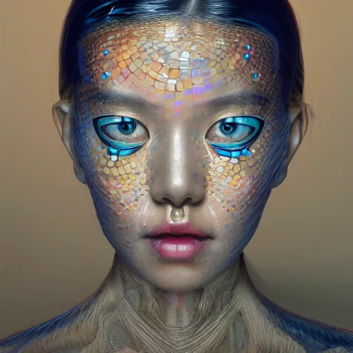 Image similar to hyperrealistic photograph of a highly detailed portrait of beautiful pearlescent cyborg, in the style of jin kagetsu, james jean and wlop, chuck close, highly detailed, face symmetry, highly realistic hands, masterpiece, award - winning, sharp focus, intricate concept art, ambient lighting, 8 k, artstation,