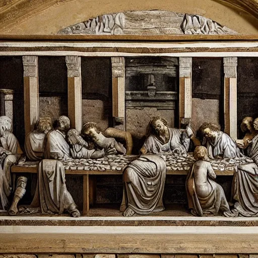 Image similar to on the wall of a stone temple, a large detailed stone carving of The Last Supper by Leonardo Da Vinci