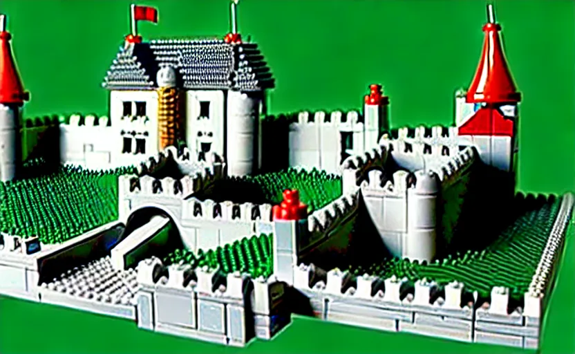 Image similar to a realistic detailed accurate Lego set of a medieval French castle on a green hill