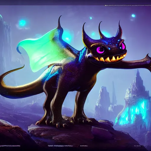 Image similar to realistic bioluminescent toothless on a steampunk biome, sparkles, magical, elves, fantasy, hyper realism, intricate, digital art, detailed, studio shot, unreal engine 5, octane, high definition, smooth, artstation, behance