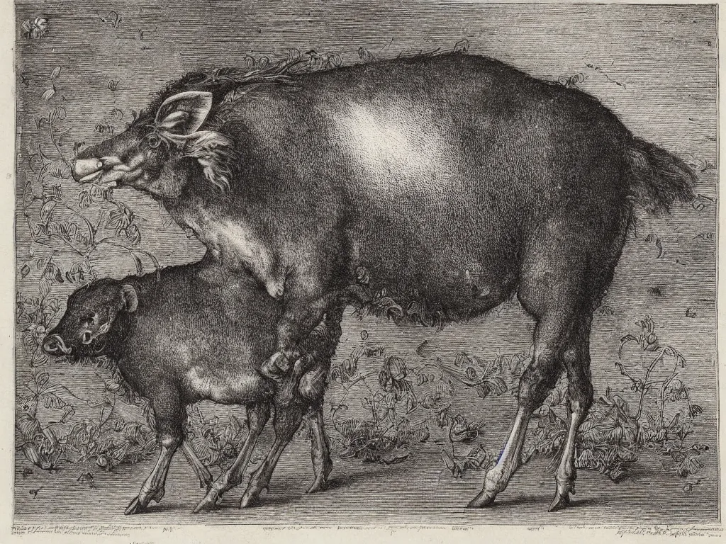 Image similar to portrait of a veal at the slaughterhouse. copper engraving by albrecht durer, walton ford