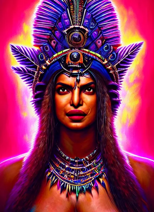 Image similar to portrait of priyanka chopra, hyper detailed ultra sharp aztec shaman warrior. trending on artstation, warpaint aesthetic, bloodwave, colorful, psychedelic, ornate, intricate, digital painting, concept art, smooth, sharp focus, illustration, art by artgerm and greg rutkowski and h. r. giger, 8 k