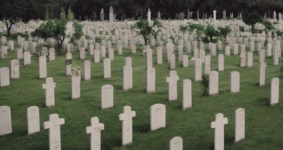 Image similar to a cemetery in the style of wes anderson