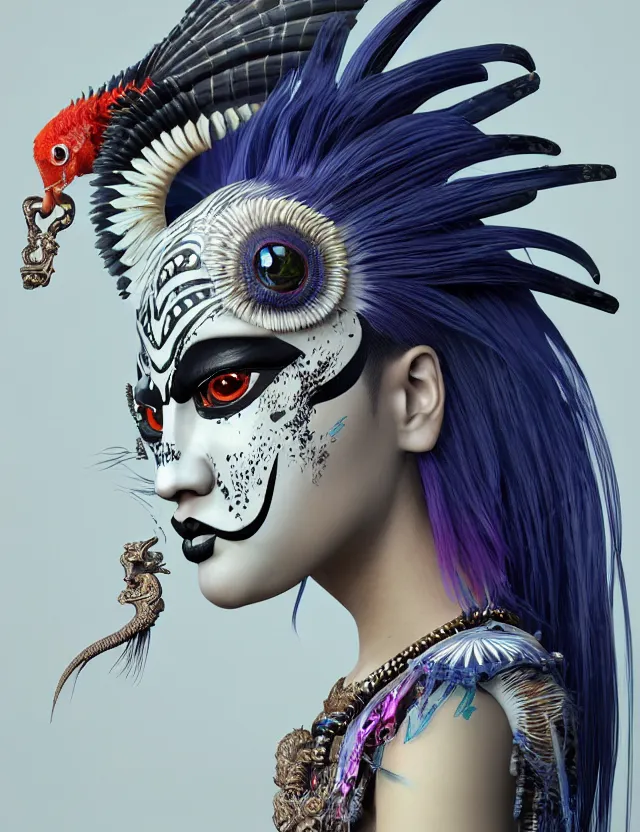 Image similar to 3 d goddess close - up profile portrait punk with mohawk with ram skull. beautiful intricately detailed japanese crow kitsune mask and clasical japanese kimono. betta fish, jellyfish phoenix, bio luminescent, plasma, ice, water, wind, creature, artwork by tooth wu and wlop and beeple and greg rutkowski