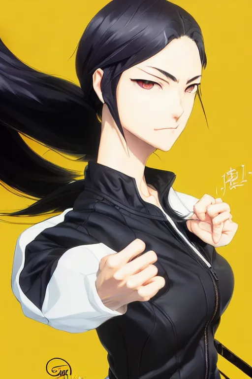 Image similar to black ponytail hair, pale woman in a black zipper jacket, yellow eyes, by artgerm, hair tied in a ponytail, white backdrop, soft lighting, fighting pose, dynamic angle, by greg rutkowski makoto shinkai takashi takeuchi