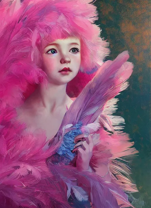 Image similar to beautiful little girl with an pink eccentric haircut wearing an dress made of feathers dancing on stage, artwork made by ilya kuvshinov, inspired in donato giancola, hd, ultra realistic, reflection, flowers, light, realistic face, bird